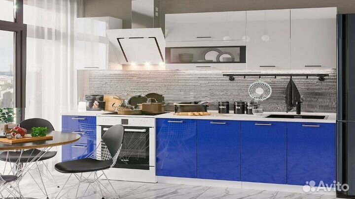 Кухня модульная 2 метра Белый глянец/Синий металли