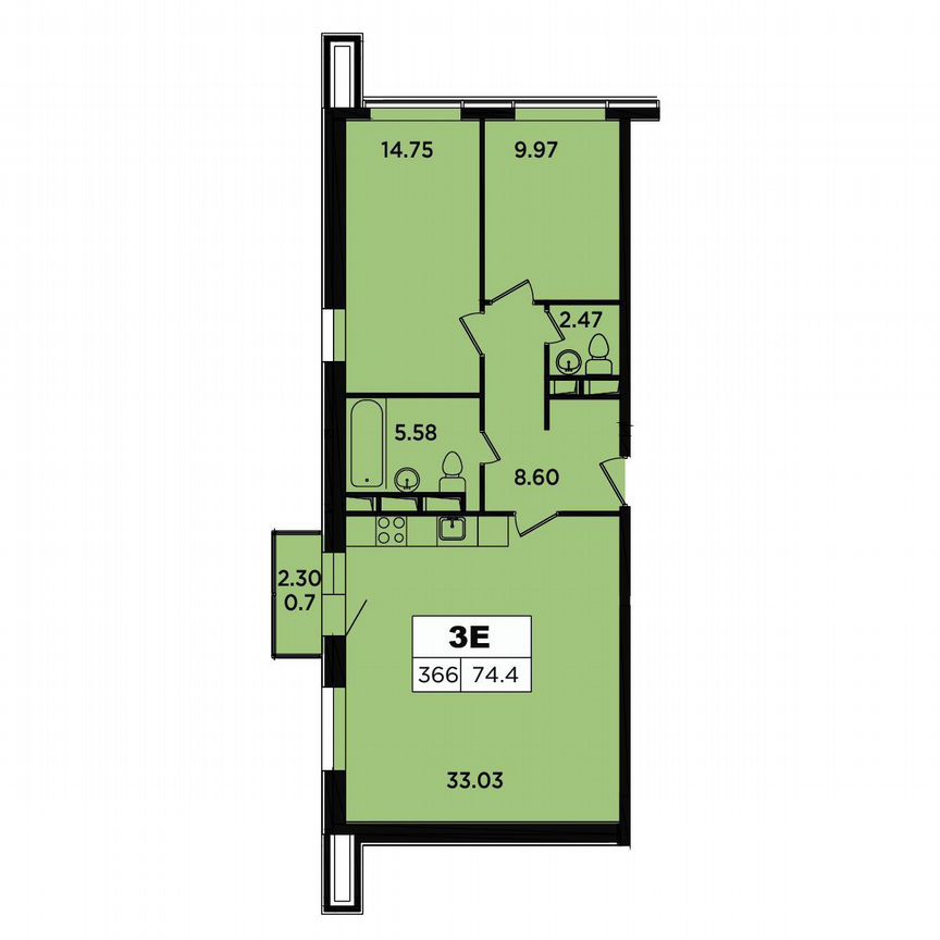 2-к. апартаменты, 74,4 м², 16/18 эт.