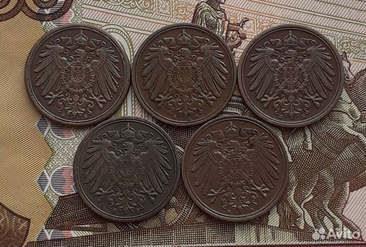 1 пфенинг - 5 штук, года разные