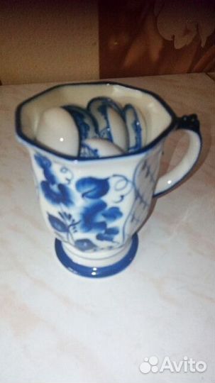 Гжель чаша+ложечки