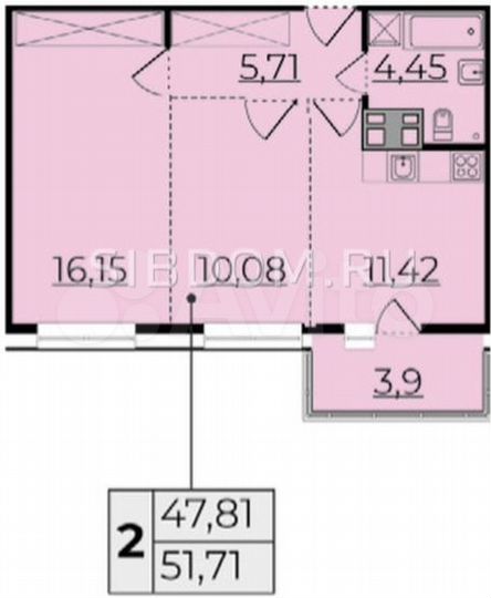 2-к. квартира, 51,7 м², 13/16 эт.