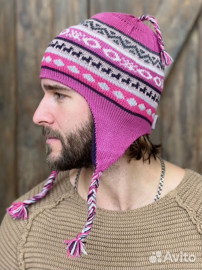 Мужская шапка двусторонняя с ушками зимняя Чульо 100% альпака цвет росадо-фуксия