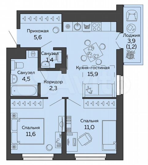 2-к. квартира, 53,4 м², 4/25 эт.