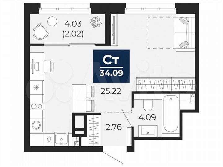 Квартира-студия, 34,1 м², 13/22 эт.