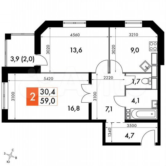 2-к. квартира, 59,1 м², 12/14 эт.