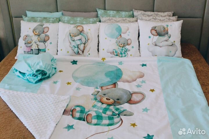 Бортики,простынь на резинке, плед в кроватку