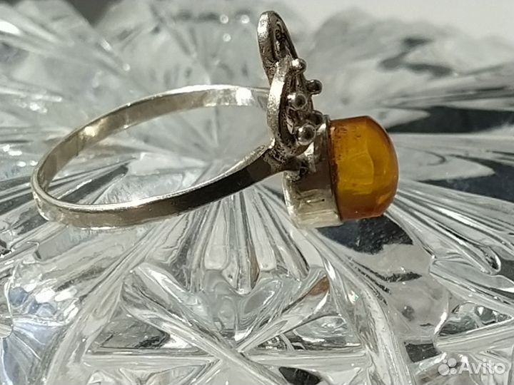 Кольцо серебро СССР 925 проба звезда янтарь