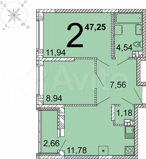 2-к. квартира, 47,3 м², 7/9 эт.