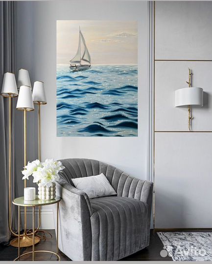 Картина маслом, 50см на 70см, Парусник