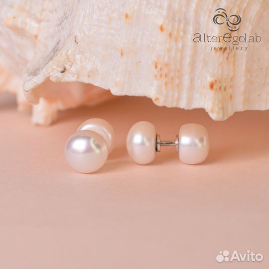 Серебряные двусторонние серьги с белым жемчугом