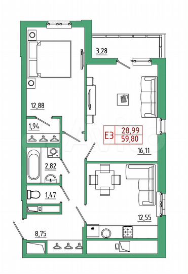 2-к. квартира, 59,8 м², 14/25 эт.