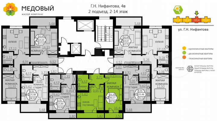 2-к. квартира, 42,2 м², 12/14 эт.