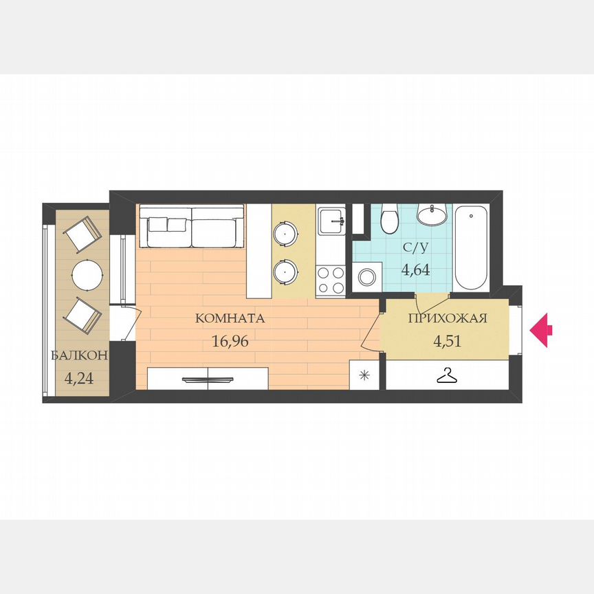 Квартира-студия, 27,4 м², 3/7 эт.
