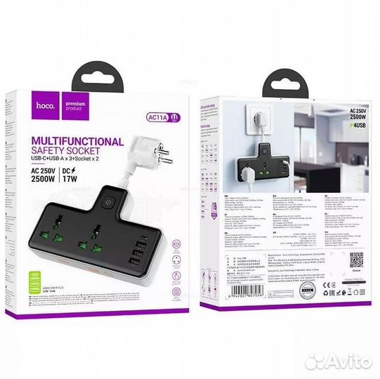 Сетевой фильтр hoco AC11A 2 гнезда + Type-C USB-C