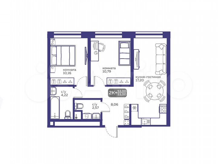 2-к. квартира, 53 м², 1/15 эт.