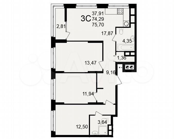 3-к. квартира, 75,7 м², 23/25 эт.