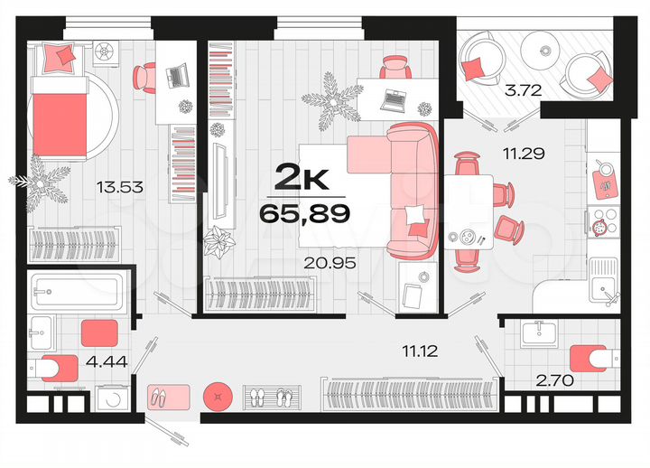 2-к. квартира, 65,2 м², 12/14 эт.