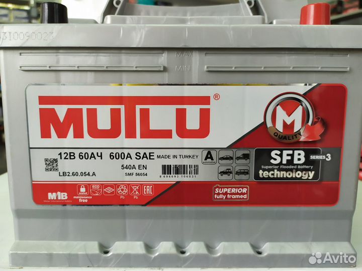 Аккумулятор 60Ач 540А Mutlu SFB низкий обратный