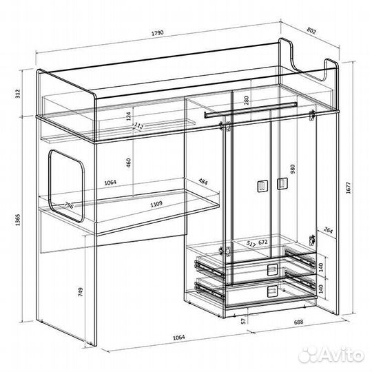 Кровать чердак в разных цветах со шкафом и ящиками