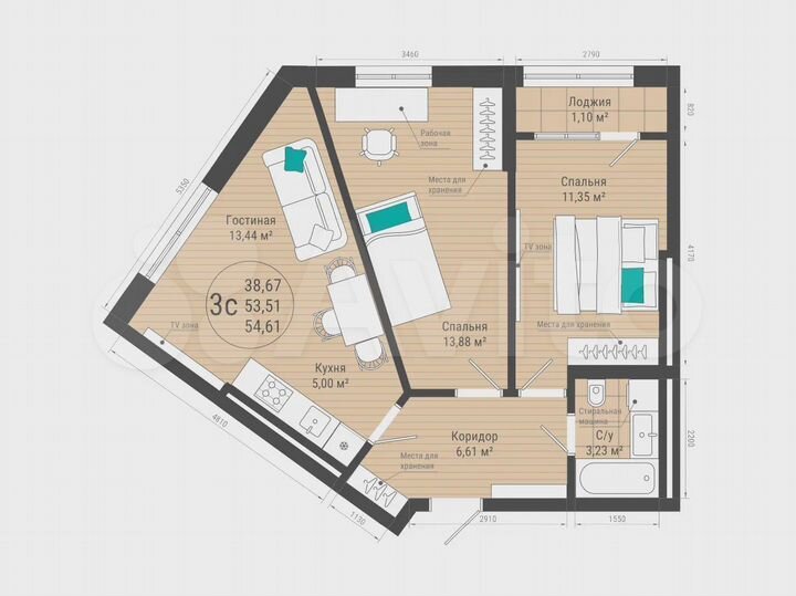 3-к. квартира, 54,6 м², 16/27 эт.