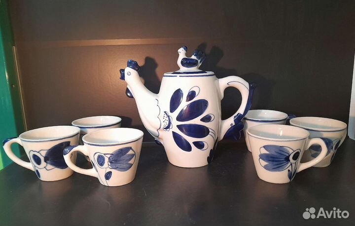 Чайник кофейник Петух Курочка Гжель + 6 чашек