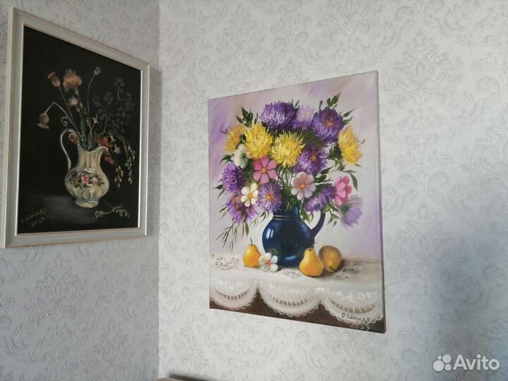 Картина маслом на холсте. Астры и груши. 50х40