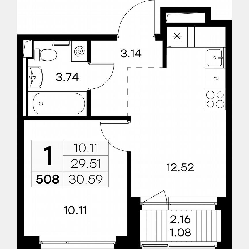 1-к. квартира, 30,6 м², 8/9 эт.