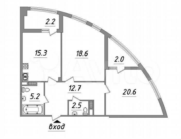 2-к. апартаменты, 75 м², 3/6 эт.