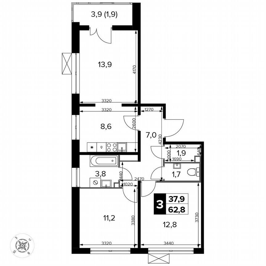 3-к. квартира, 62,8 м², 13/14 эт.