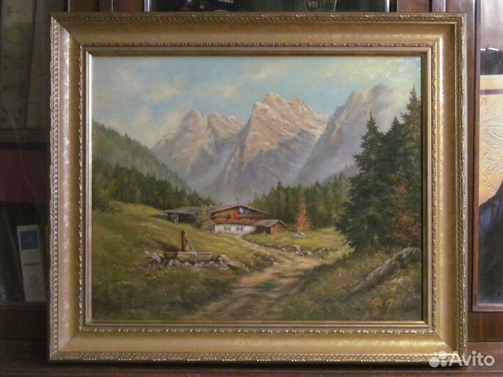 Альпийский пейзаж. Шале. Живопись. Винтаж
