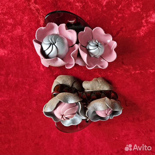 Заколка краб с цветами натуральная кожа