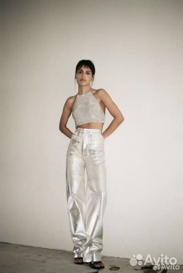 Джинсы zara металлик серебристые