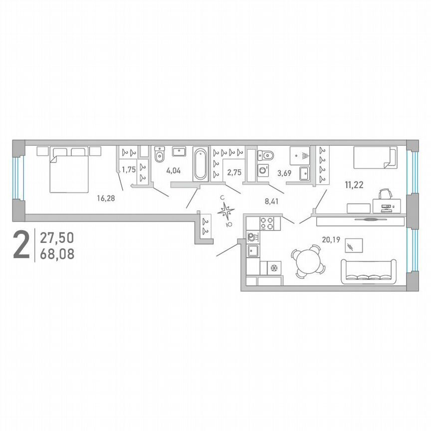 2-к. квартира, 68,1 м², 7/10 эт.