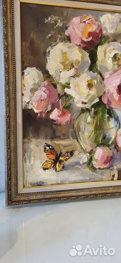 Пионы подарок девушке. Картина маслом. Холст, рама