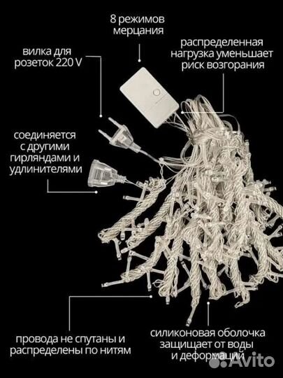 Гирлянда штора 2х2 3х2разноцветная/занавес/красная