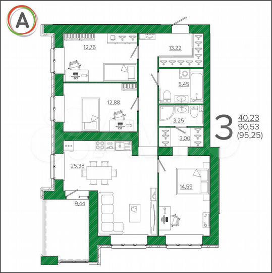 3-к. квартира, 95,3 м², 3/9 эт.