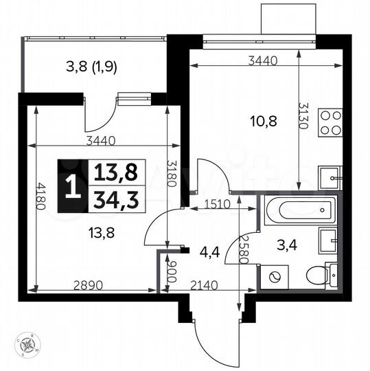 1-к. квартира, 34,3 м², 8/20 эт.