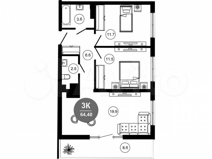 3-к. апартаменты, 58,8 м², 4/10 эт.