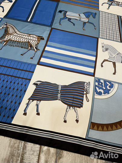 Шелковый платок шаль Hermes синий с голубым