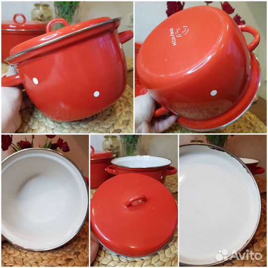 Кастрюли СССР эмалированные красные в белый горох