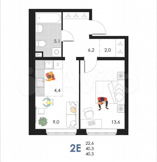 2-к. квартира, 40,3 м², 1/6 эт.