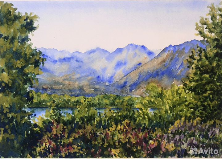 Картина пейзаж акварелью Вид на горы