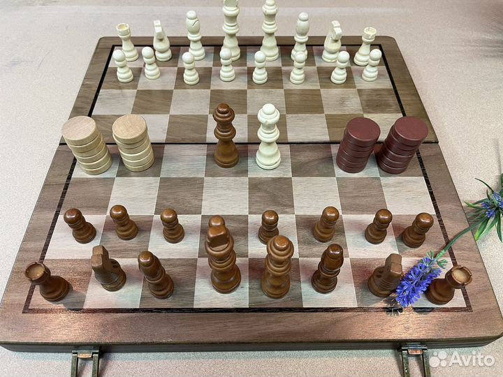 Шахматы, шашки 2в1 деревянные магнитные. 39*39