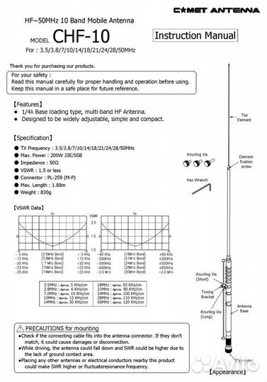 Comet CHF-10 Антенна для рации 7/14/28/50 мгц