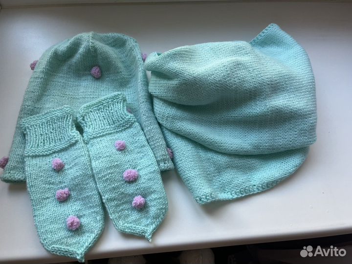 Шапка+шарф снуд+варежки