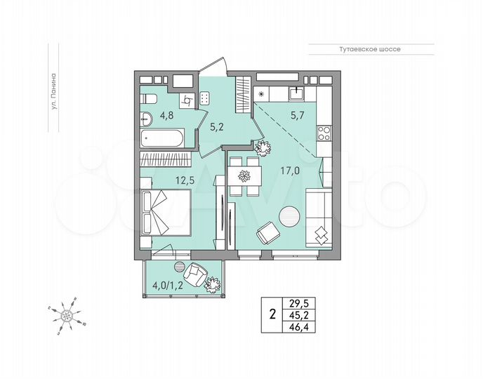2-к. квартира, 46,4 м², 5/9 эт.