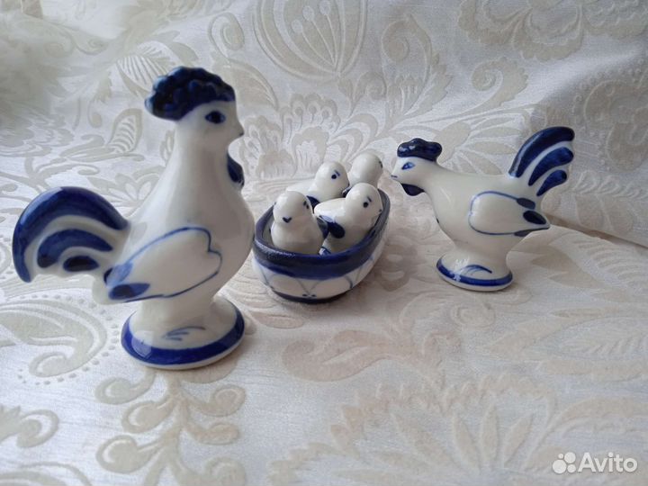 Гжель СССР фигурки курочка петух цыплята