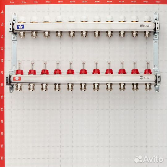 Коллекторная группа с расходомерами нержавеющая сталь Stout 1 вр(г) х 11 выходов 3/4 нр(ш) ек х 1 вр