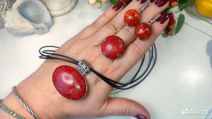 Кольцо, серьги, кулон с губчатым кораллом, 925