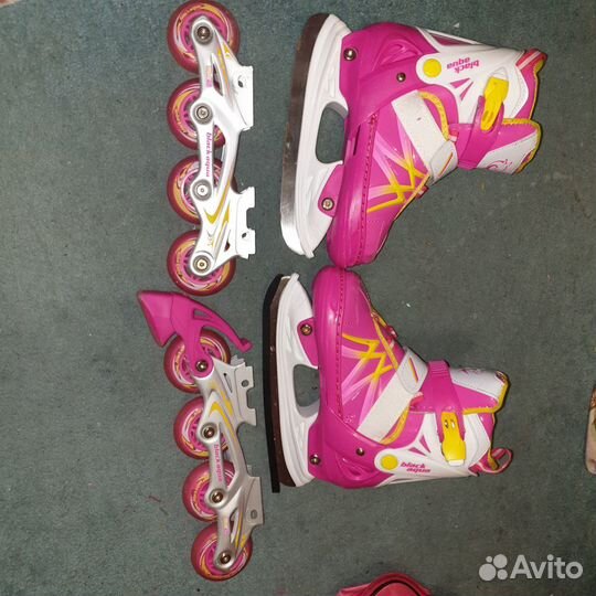 Розовые коньки и ролики 2 в 1, раздвижные 31-34